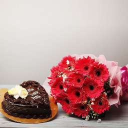 Heart Chocolate Cake & Red Flowers